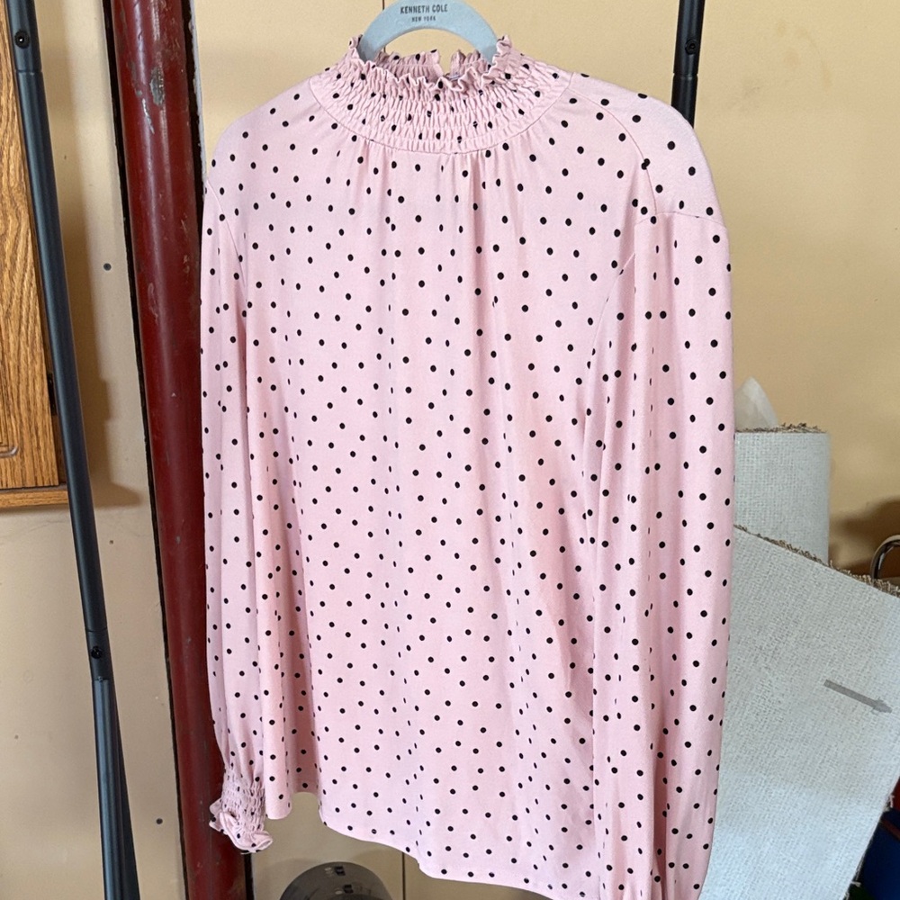 Adrienne Papell Pink and Black Polka Dot Blouse
